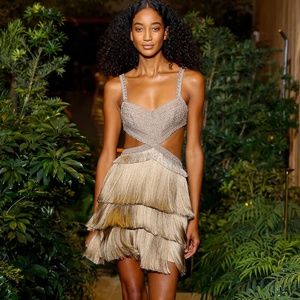 PatBO NWT Metallic Trim Fringe Gold Dress Size: 4